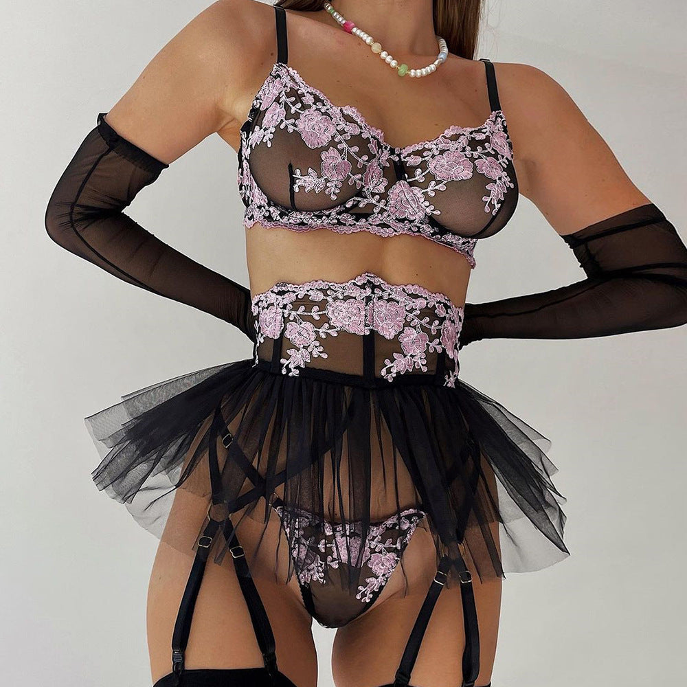 Mesh Kontrastfarben Stickerei Perspektive Sexy Puffrock Dessous Set