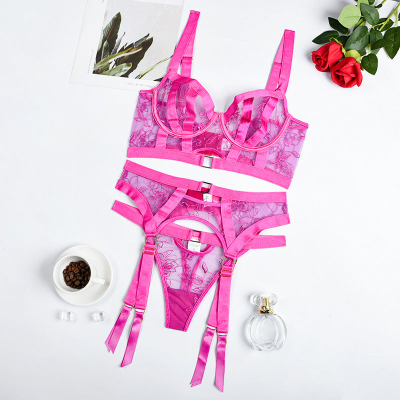 Sexy Dessous-Set aus transparentem Netzstoff mit Perspektive und Satin-Riemchen