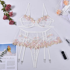 Conjunto de lencería sexy con bordado floral de malla transparente Perspective