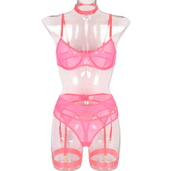 Hot Pink Mesh Stitching Sexy Dessous Set von vier