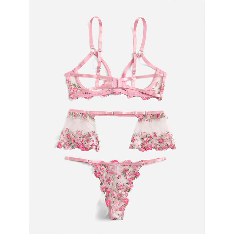 Floral Embroidery Lace Hollow Out Sexy Lingerie Set