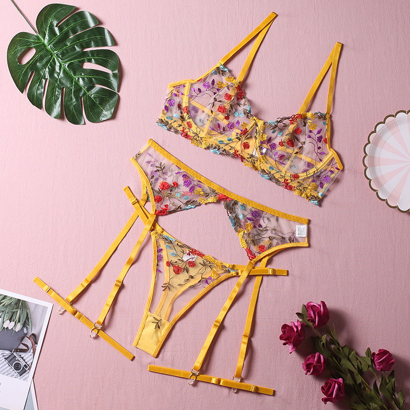 Sexy Perspective Yellow Pastoral Floral Lingerie Set