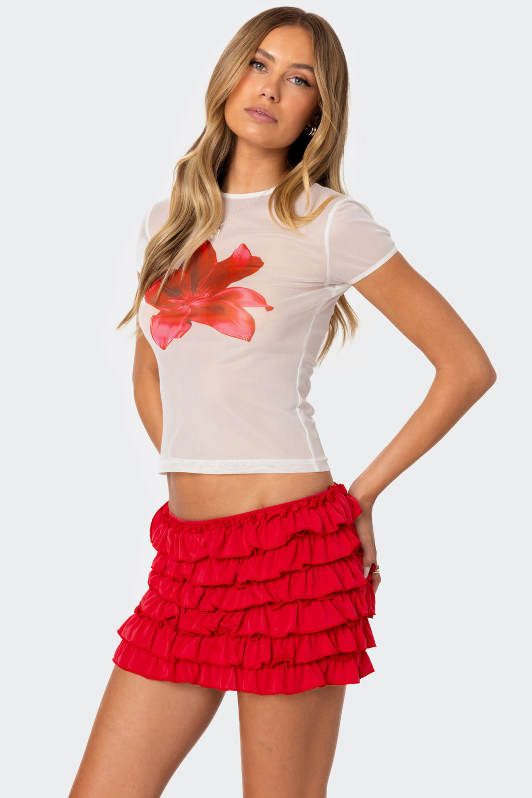 Mesh Printed Round Neck T-Shirt Top 2yk
