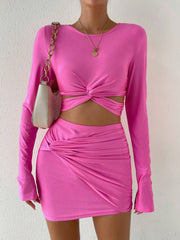 Off shoulder long sleeve ruched hollow out ribbon mini skirt set