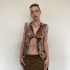 Ärmelloses Crop-Top mit O-Ring-Ausschnitt und abstraktem Stitch-Print 