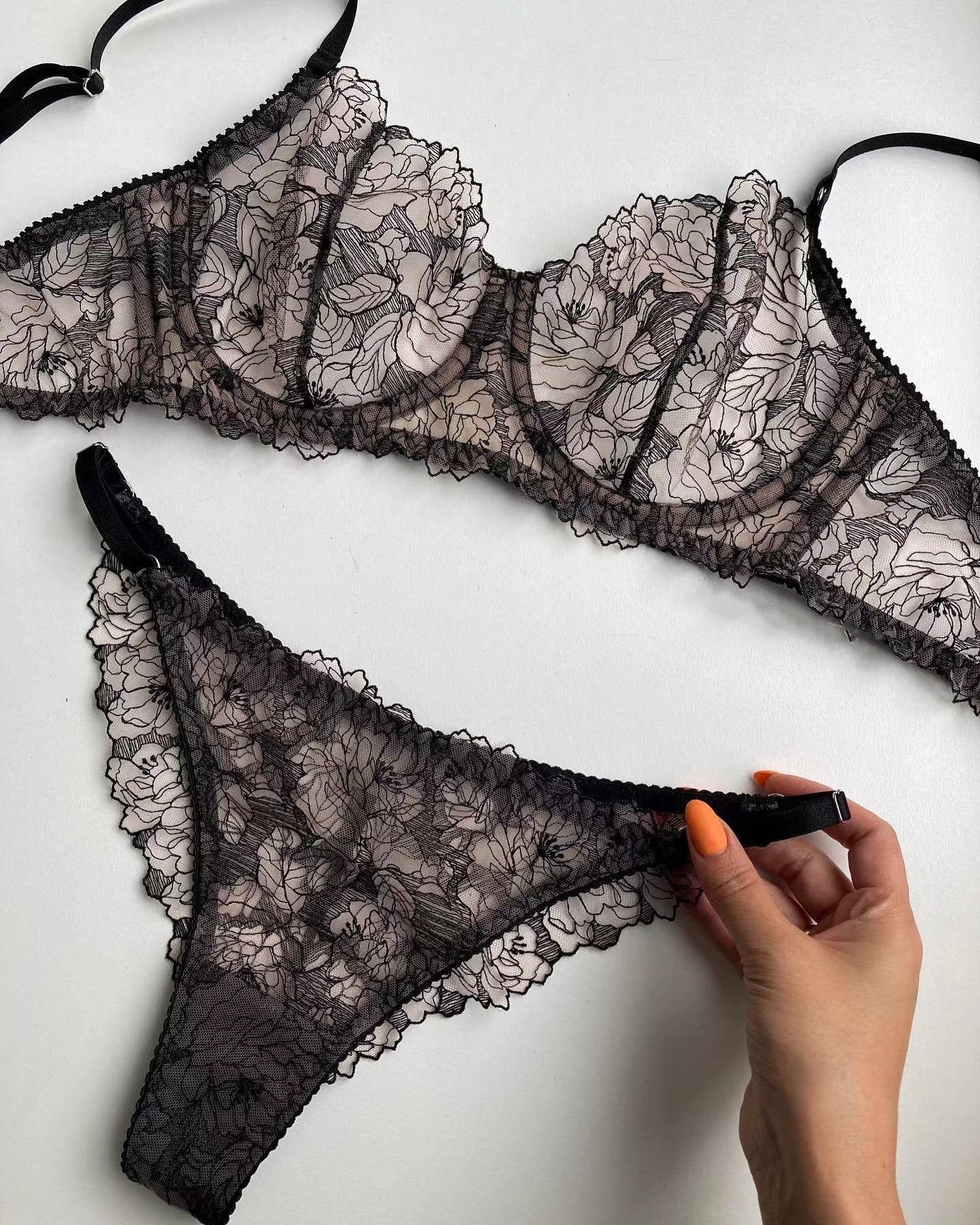 Sheer Mesh Floral Embroidery Lace Sexy Lingerie Set