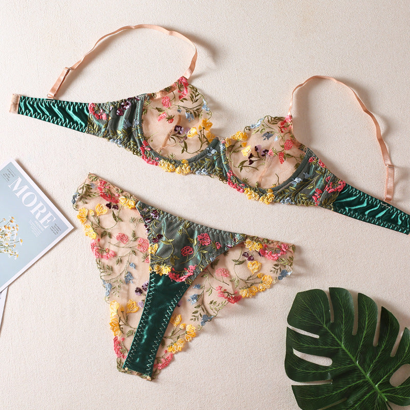 Colorful Floral Embroidery Sexy Lingerie Set