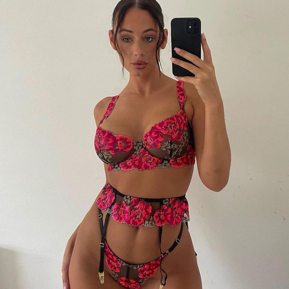 Conjunto de lencería sexy de encaje con bordado floral