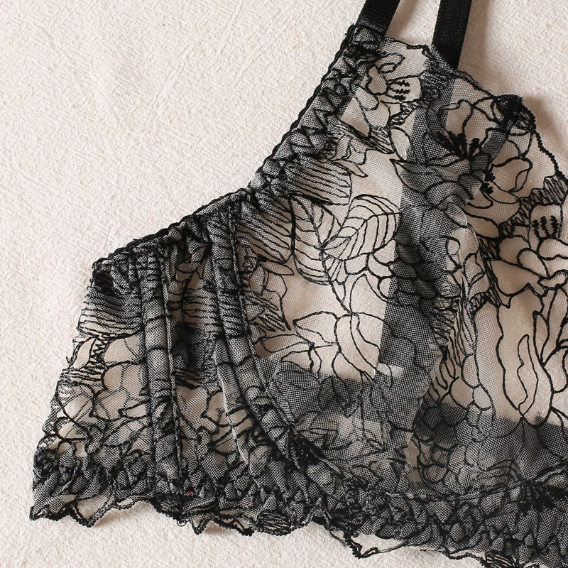 Sexy Dessous-Set aus transparenter Netzstoff mit Blumenstickerei und Spitze