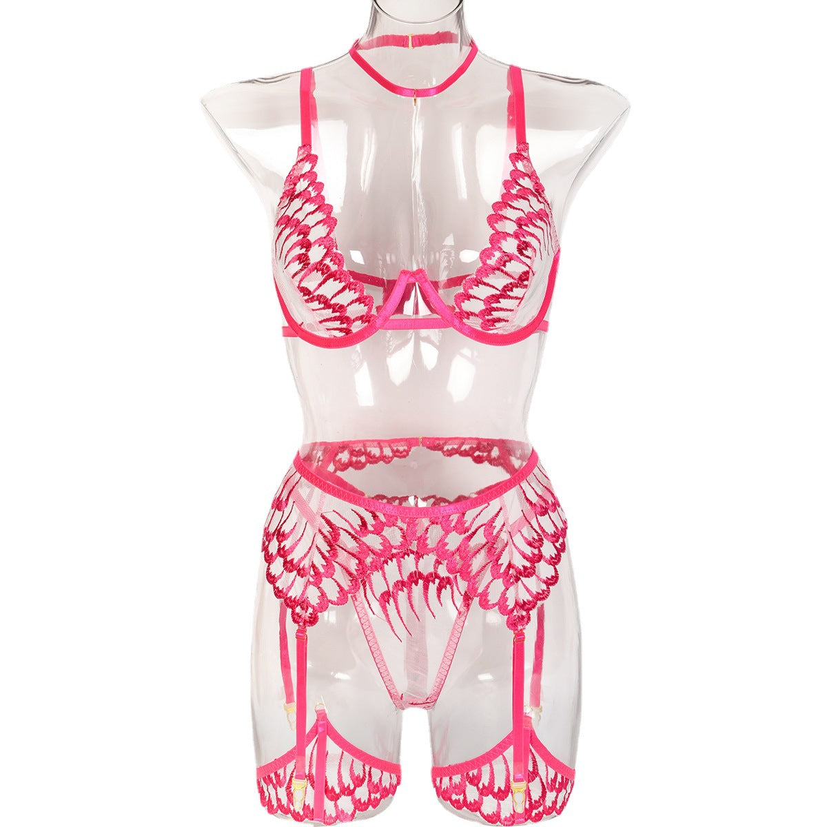 Neu Flügel Stickerei Sexy Dessous Set Hot Pink