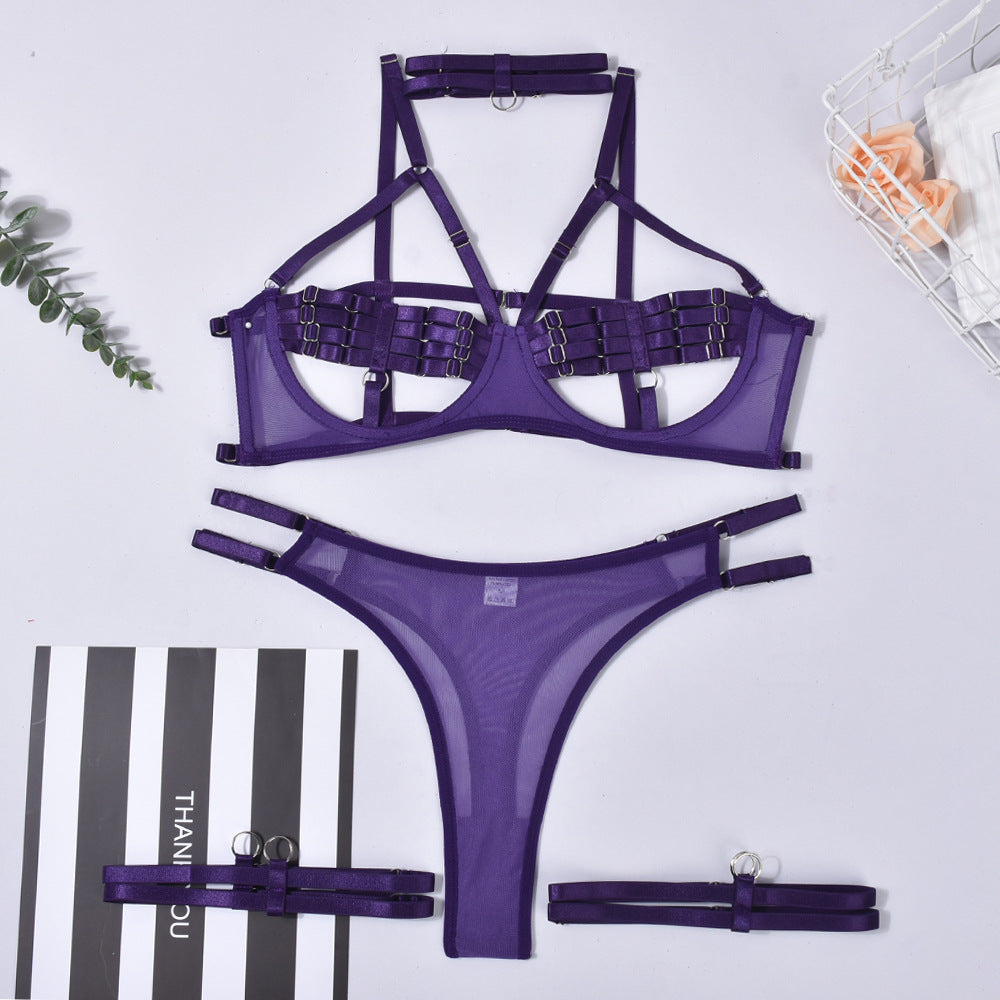 Conjunto de lencería erótica sexy con aros entrelazados (5 piezas)