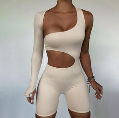 One shoulder solid irregular hollow out high neck romper