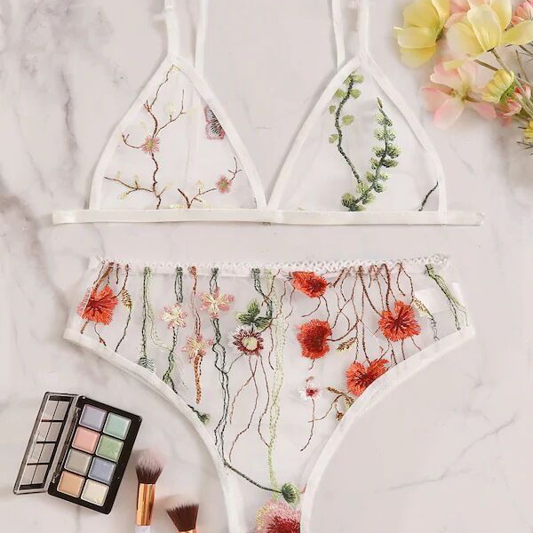 Sexy Dessous-Set aus transparentem Netzstoff mit Blumenstickerei