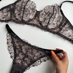 Sheer Mesh Floral Embroidery Lace Sexy Lingerie Set