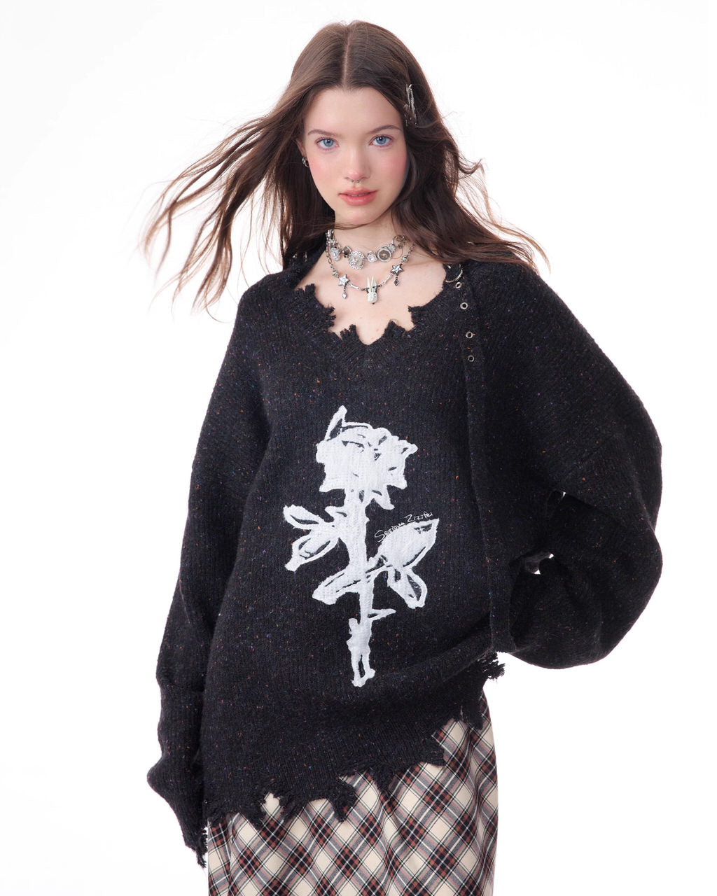 Distressed Rose Print Sweater