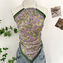 Halter abstract self tie backless contrast top