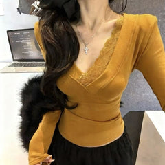 Ribbed contrast lace hem patchwork long sleeve top
