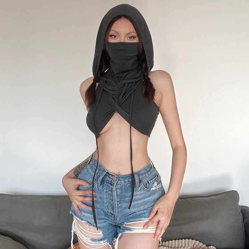 Rivet PU leather hoodie self tie backless crop top