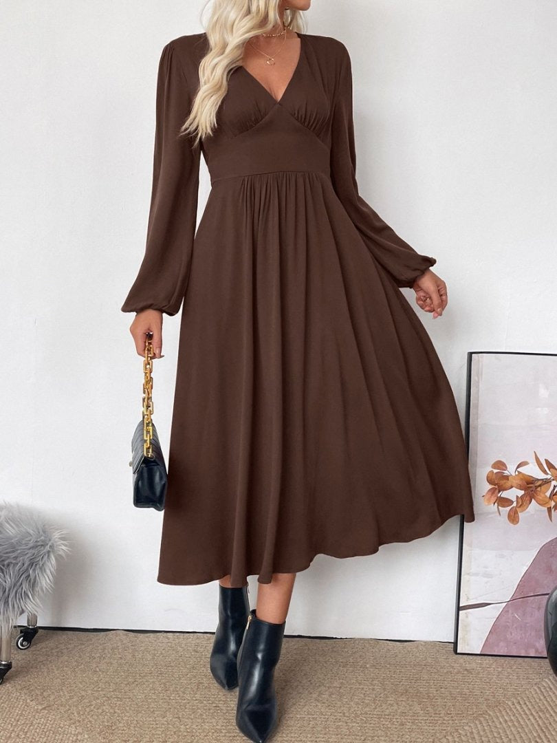 V-Neck Balloon Sleeve Midi Dress