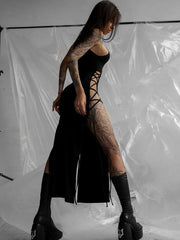 Hollow out sleeveless lace up slit solid maxi dress