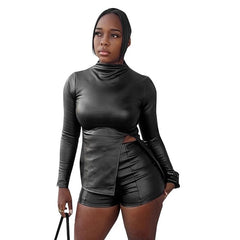 Zippered Top Shorts Leather Set