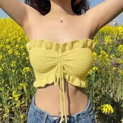 Ribbed contrast halter cross front drawstring backless crop top - Final Sale