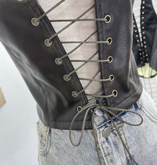 Lace up PU leather contrast halter buckle backless top