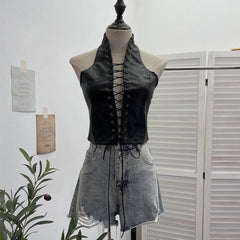 Lace up PU leather contrast halter buckle backless top