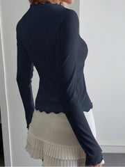 Lace hem long sleeve ribbed button v neck solid top