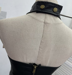 Lace up PU leather contrast halter buckle backless top