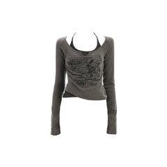 Butterfly pattern long sleeve button contrast 2 piece crop top