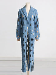 Turnover collar hollow out PU leather long sleeve coat top