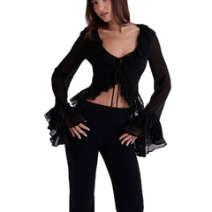 Textured long sleeve ruffle self tie solid crop top