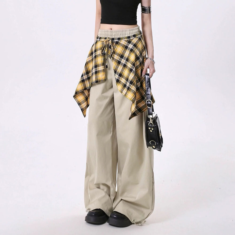 Plaid Shirt-Tied Baggy Jeans