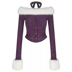 Y2K Fuzzy Off Shoulder Knit Top