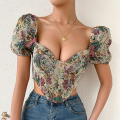 Zip-up low cut puff short sleeve print textured bustier crop top