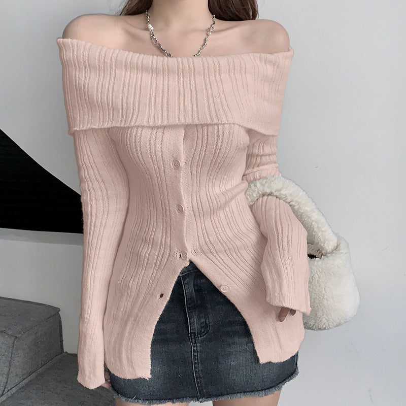 Long sleeve solid slit knitted off shoulder button top