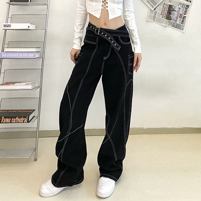 Stitch belt irregular contrast low rise wide leg jeans