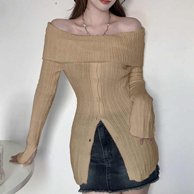 Long sleeve solid slit knitted off shoulder button top