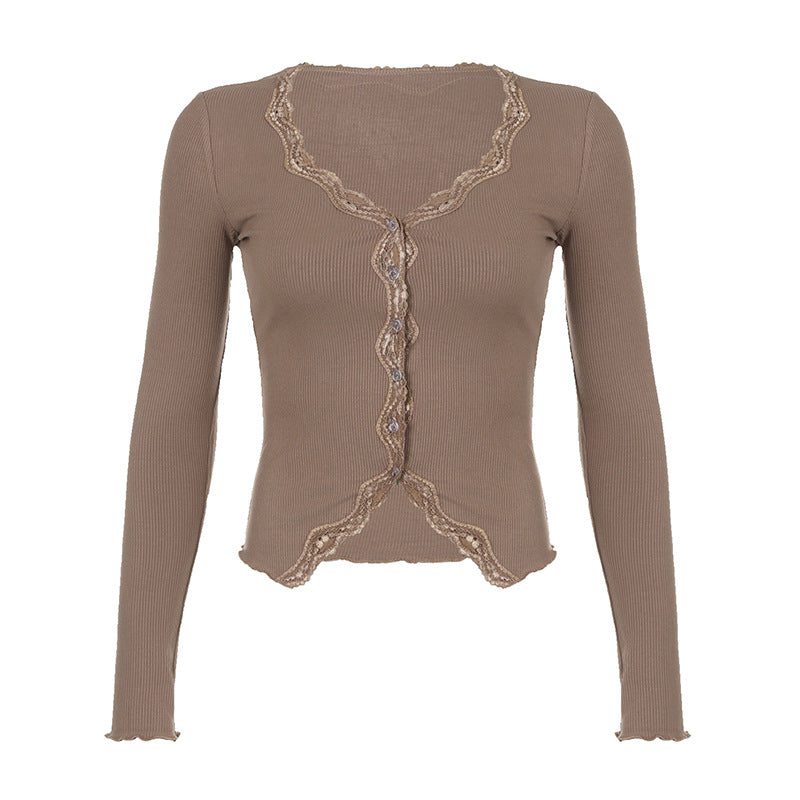 Lace hem long sleeve ribbed button v neck solid top