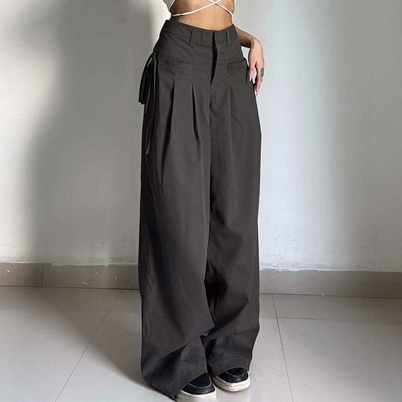 Solid medium rise pleated baggy wide leg pant