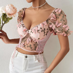 Bustier-Crop-Top mit Schmetterlingsstickerei und Kordelzug aus Netzstoff zum Schnüren 