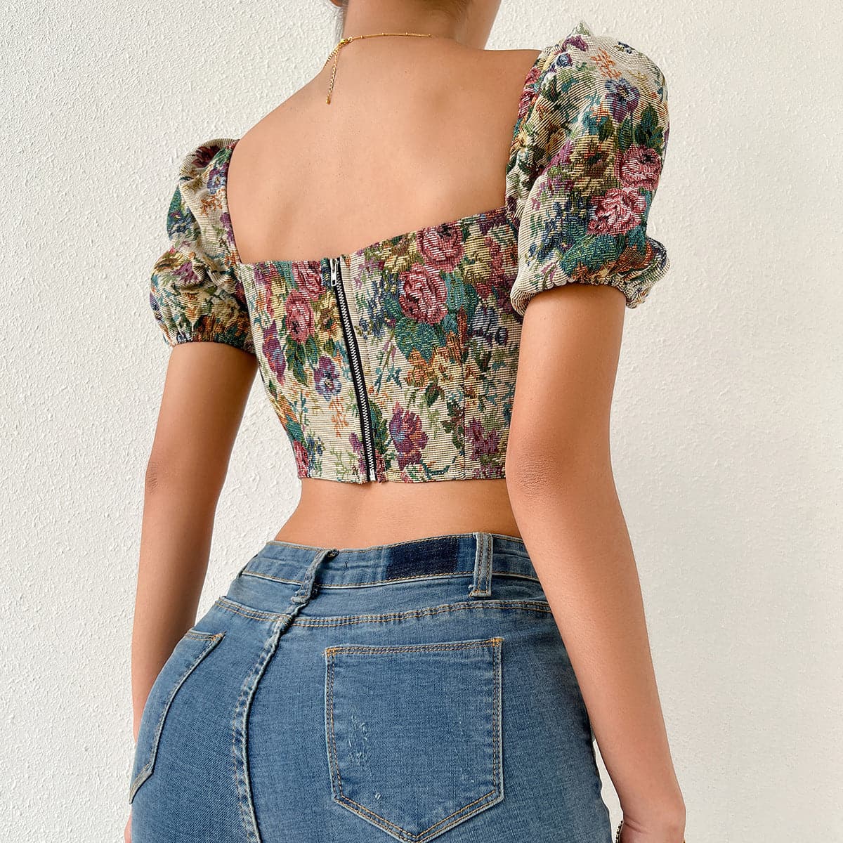 Zip-up low cut puff short sleeve print textured bustier crop top