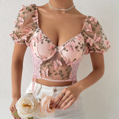 Bustier-Crop-Top mit Schmetterlingsstickerei und Kordelzug aus Netzstoff zum Schnüren 