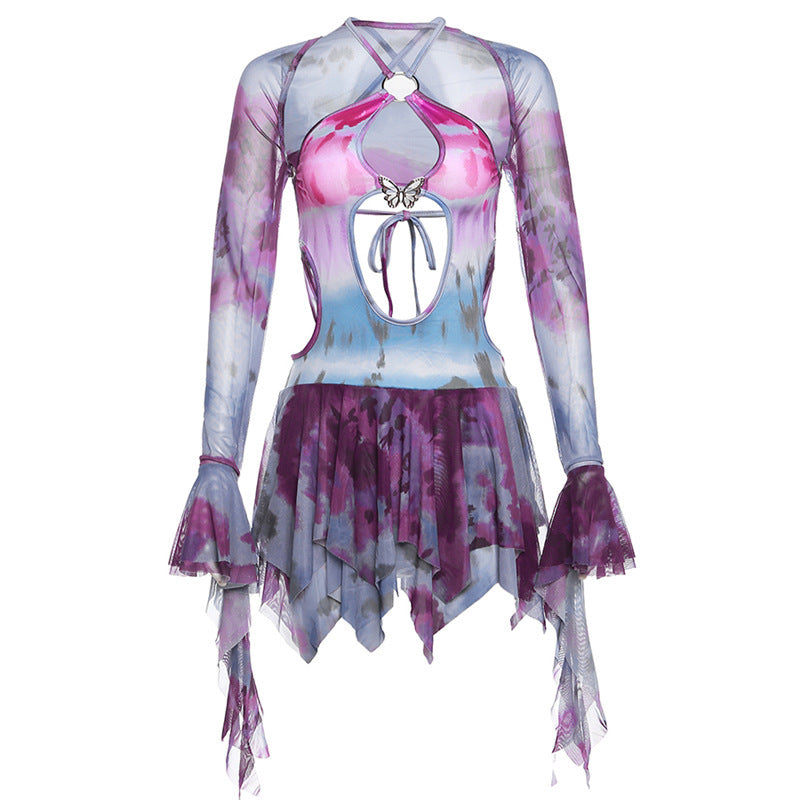 Tie dye ruched flared sleeve hollow out self tie shrug mini dress - Final Sale