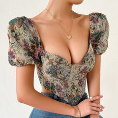 Tief ausgeschnittenes, kurzärmliges Bustier-Crop-Top mit Reißverschluss und Puffärmeln 