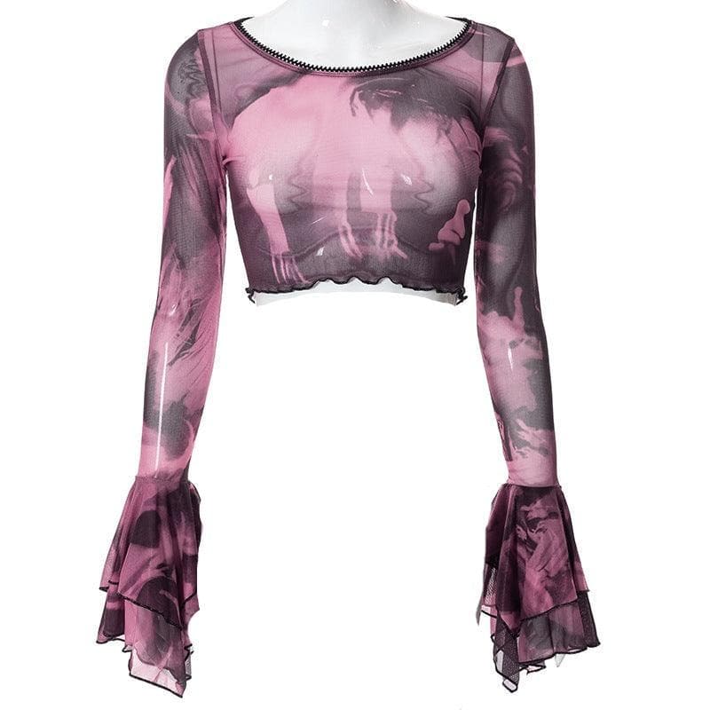 Crop-Top mit Rundhalsausschnitt und transparentem Netzstoff-Print