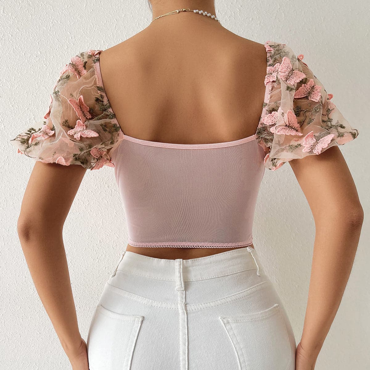 Bustier-Crop-Top mit Schmetterlingsstickerei und Kordelzug aus Netzstoff zum Schnüren 