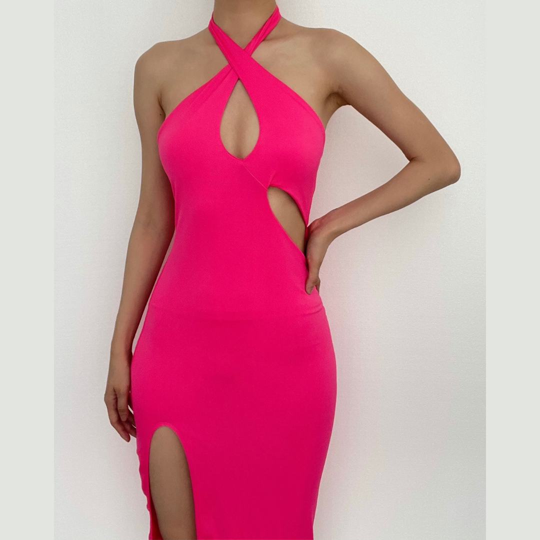 Hollow out halter slit solid off shoulder midi dress