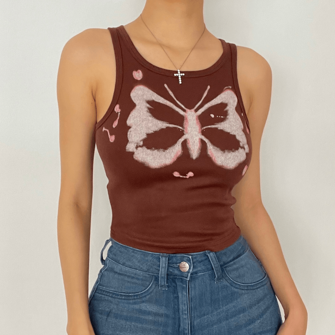 Camiseta sin mangas con estampado de mariposas y cuello redondo 